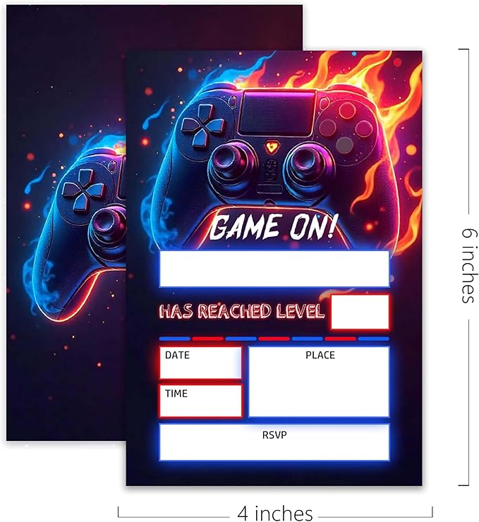 Gaming Themed Birthday Invitations – 20 Invitation Cards 4"x6" with Envelopes.(008)