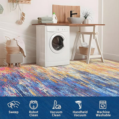 ROYHOME Modern Abstract Area Rug 4x6 Washable Rug for Living Room, Ultra Soft Rug for Bedroom, Non Slip Indoor Floor Carpet, Stain Resistant Rugs for Home Decor Office, Blue/Orange