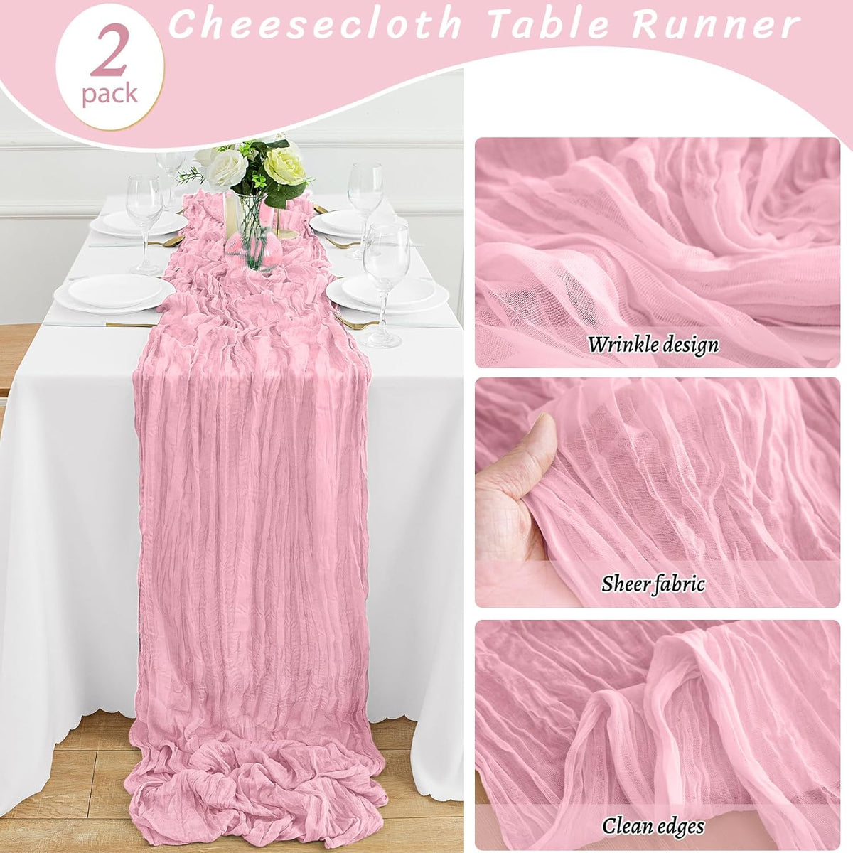 2Pack Pink Table Runner 10FT Cheesecloth Table Runner 35x120Inch Long Boho Cheese Cloth Table Runners Rustic Gauze Table Runners for for Party Wedding Bridal Shower Baby Shower Decorations