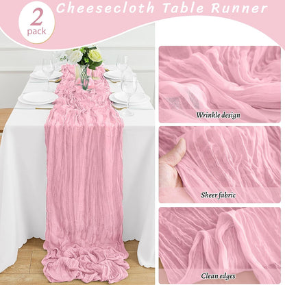 2Pack Pink Table Runner 10FT Cheesecloth Table Runner 35x120Inch Long Boho Cheese Cloth Table Runners Rustic Gauze Table Runners for for Party Wedding Bridal Shower Baby Shower Decorations