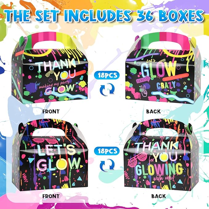 DjinnGlory 36 Pack Neon Color Printed Party Favor Treat Boxes, Small Thank You Gable Boxes for Fun Parties and Small Business 6.18x3.58x3.39 Inches
