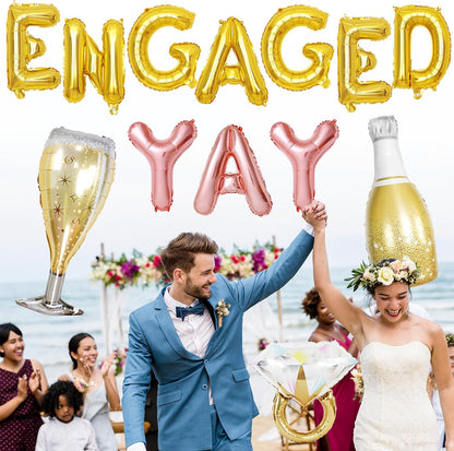 Gold Engagement Party Decorations, Engaged Yay Balloons Letters Banner, Diamond Ring White Champagne Bottle Balloon Glass Foil Balloon for Bachelorette Engagement Wedding Bridal Shower Party Supplies