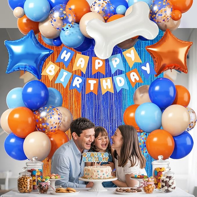 Orange and Blue Birthday Decorations for Boys, Orange Light Blue Nude Confetti Latex Balloons Dog Paw Cake Topper Bone Star Foil Balloon Happy Birthday Banner for Girl Boy Cartoon Theme Party Supplies