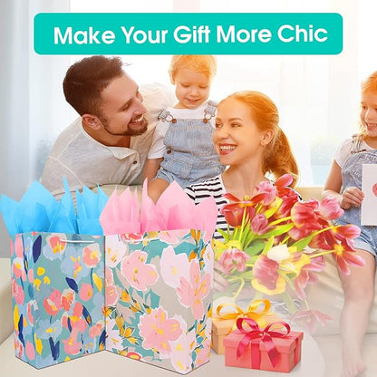 Large Gift Bag for Women Girl Her with Tissue Paper,Elegant Birthday Gift Bags with Flower Foil Gold Marking,Big Gift Bag Birthday Gift Wrap Bag Present Bag for Mother's Day Anniversarie Any Occasion