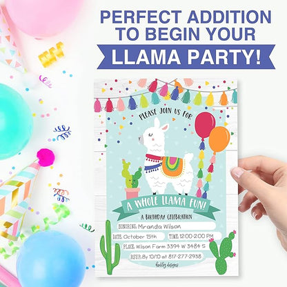 Hadley Designs Kids Birthday Invitations For Boys and Girls Mexican Theme - 25 Llama Birthday Party Invitations For Boys, Fiesta Invites For Girls, Cute Alpaca Cactus Party Supplies, Made In USA