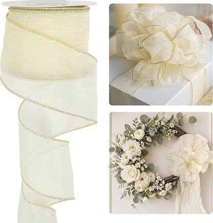 HUIHUANG Ivory Wired Ribbon 2-1/2 inch Cream Metallic Silk Wire Edge Ribbon for Crafts Gift Wrapping Basket Wreaths Bows Making Home Wedding Decor Christmas Tree Bows -Continuous 10 Yards