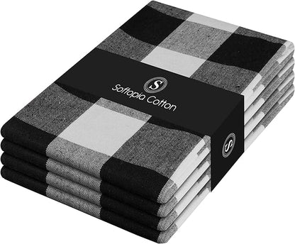 Black Buffalo Plaid Kitchen Dish Towels, 4 Pack, 100% Cotton, 16x26 Inches, Super Absorbent, Quick Dry, Soft, Durable, Dish Drying & Cleaning Towels with Hanging Loop, Black & White