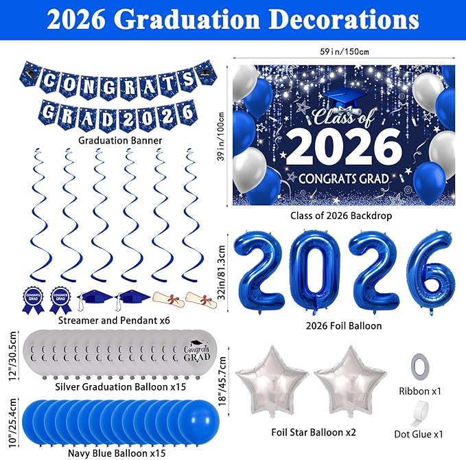 Navy Blue Graduation Decorations 2026, Silver and Blue Graduation Party Decorations Class of 2026 Backdrop, Congrats Grad Banner Streamers Balloons Foil 2026 Balloons College High School Master Phd