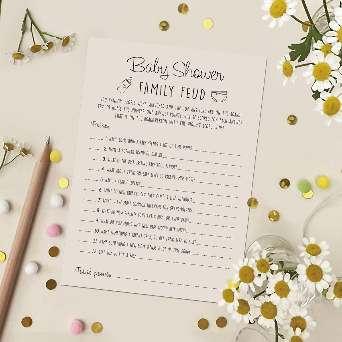 Baby Shower Family Feud Game - 30 Cards, Answer Key, Gender Neutral Decorations for Boy & Girl - Light Brown