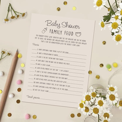 Baby Shower Family Feud Game - 30 Cards, Answer Key, Gender Neutral Decorations for Boy & Girl - Light Brown