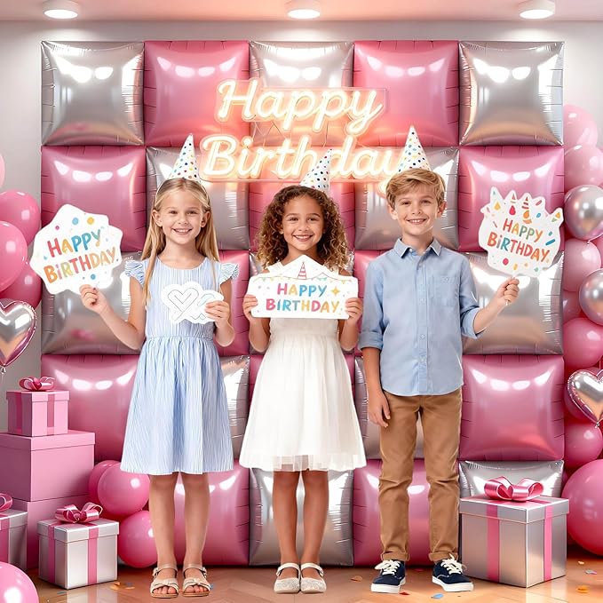 36Pcs Pink and Silver Square Foil Balloons Wall Backdrop, Double Sided Metallic Foil Balloons Tunnel Arch Garland Kit for Photo Booth Birthday Wedding Halloween Christmas Party Decorations