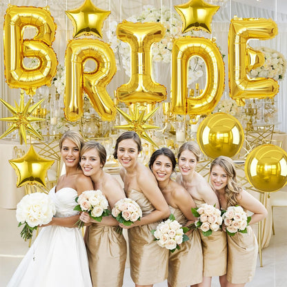 Gold Bride Balloons Bachelorette Party Decorations, 32in Gold Giant Bride Balloons with 4D Disco Ball Balloon and Star Foil Balloon for Bridal Shower Wedding Engagement Party Supplies