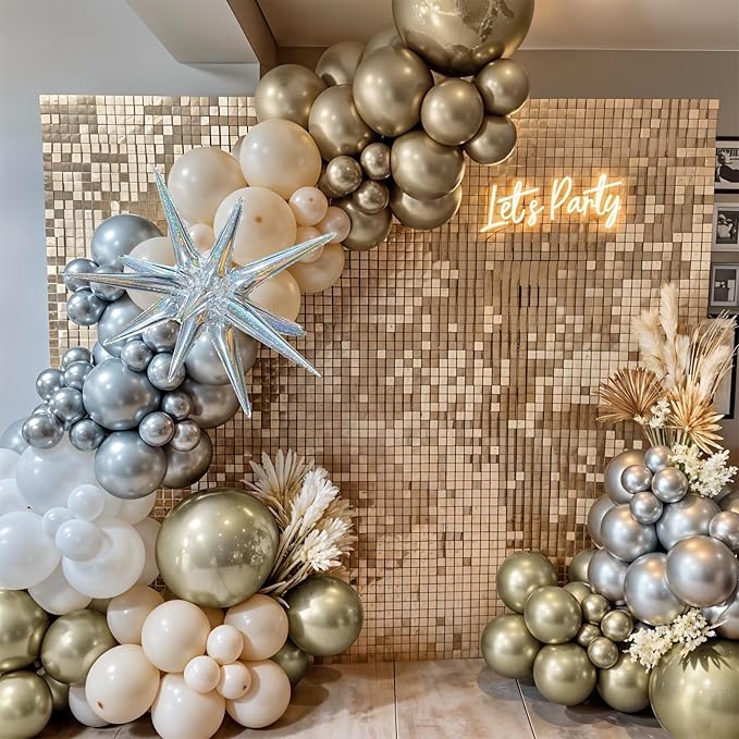 Gold and Silver Balloons, Gold Silver White Metallic Balloons with Explosion Star Nye Helium Mylar Foil Balloon Kit for Wedding Birthday Bridal Baby Shower Engagement Anniversary Party Decorations