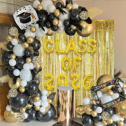 Janiuns Black and Gold Graduation Balloon Garland Arch Kit with Class of 2026 Foil Balloon & 78 Inch Foil Fringe Curtains Backdrop - 2026 Graduation Decorations with Black Gold White Grad Cap Balloons