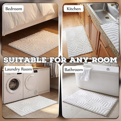 Drydiet White Boho Jacquard Bathroom Rug for Bathroom 3D Arched Stripes Non Slip Absorbent Extra Thick Soft Carpet, Plush Bath Rug with Rubber Backing for Bath Shower, 20''x30''