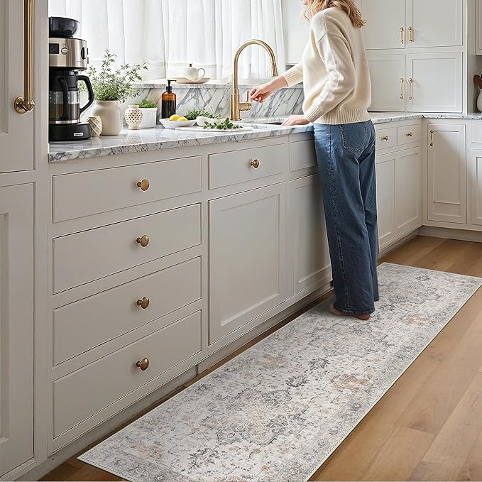 GENIMO Runner Rug 3x8, Non Slip Vintage Hallway Runner Rugs, Low Pile Lightweight Machine Washable Mat for Hallway, Entryway, Bedroom, Kitchen and Corridor, Light Taupe Brown