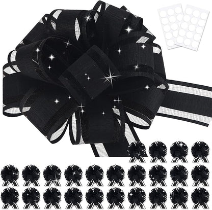 24pcs Black Pull Bow for Gift Basket Wrapping Xmas Gift Bows Presents Adhesive Wrap Ribbon Bow for Christmas Tree Ornament Wine Bottles Bouquet Flower Valentine's Day Party Decor (Black-G)
