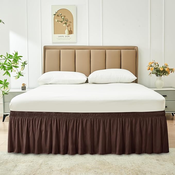 Biscaynebay Wrap Around Bed Skirts for Twin & Twin XL Beds Short Drop of 12", Brown Adjustable Elastic Dust Ruffles Easy Fit Wrinkle Resistant Silky Luxurious Fabric Machine Washable