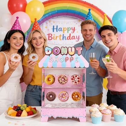 Donut Stand Birthday Party Decorations 3 Tier Sweet Candy Cupcake Holder Lollipop Ice Cream Dessert Table Decor for Girls Themed Birthday Party Supplies