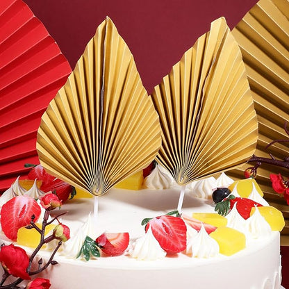 ABOOFAN Gold Folding Fan Cake Toppers 24Pcs Leaf Shaped Cupcake Inserts for Anniversary Birthday Wedding Party Decorations