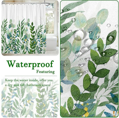 Spring Shower Curtain, Watercolor Mint Green Leaf Shower Curtain, Sage Green Plant Leaves Eucalyptus Shower Curtain, Greenery Botanical Curtain for Bathroom Country Decor, 72x72in w/12 Hooks