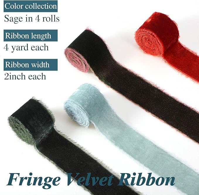Canlierr 4 Roll Valentine's Day Silk Velvet Ribbon for Gift Wrapping Fringe Fabric Frayed Velvet Ribbon Raw Edge for Valentine Day Party Wedding Decor Bouquet Basket Hair(Classic Color,2 in X 16 yd)