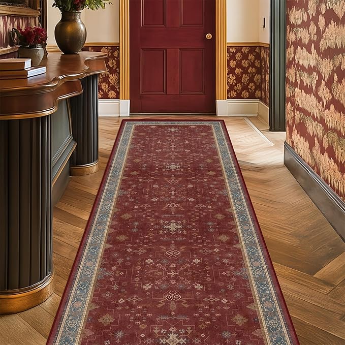 2x6 Turkish Kitchen Runner Rugs Non Skid Washable - Washable Rug for Hallway, Bedroom Bedside, Bathroom, Laundry Room, Hallway, Non Slip with Rubber Backing, Oriental Dark Red Kitchen Accessories