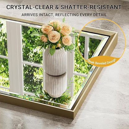 60 x 36 Gold Bathroom Mirror, Brushed Gold Beveled Bathroom Mirror, Shatterproof Large Gold Frame Rectangle Mirror, Brushed Brass Gold Framed Vanity Mirror Vertical/Horizontal Wall-Mounted