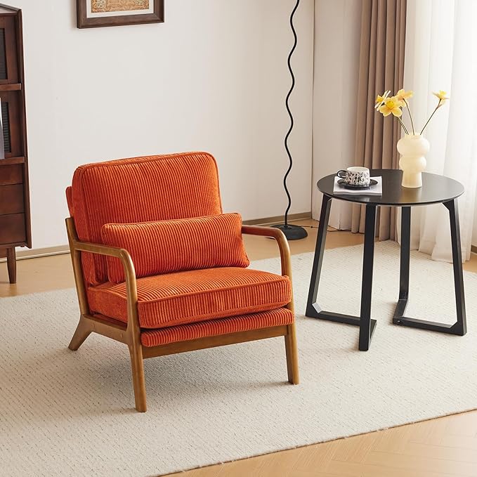 Karl home Mid-Century Modern Accent Chair, Living Room Chairs with Pillow Corduroy Upholstered Lounge Armchair with Solid Wood Frame & Soft Cushion for Bedroom, Reading Room, Orange