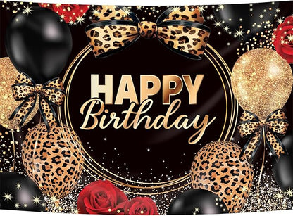 Homewelle Leopard Print Bow Happy Birthday Backdrop 5Wx3H Feet Polyester Fabric Black Gold Red Rose Cheetah Print Bownot Cool Decoration Balloon for Women Girl Photography Background Photo Shoot Props