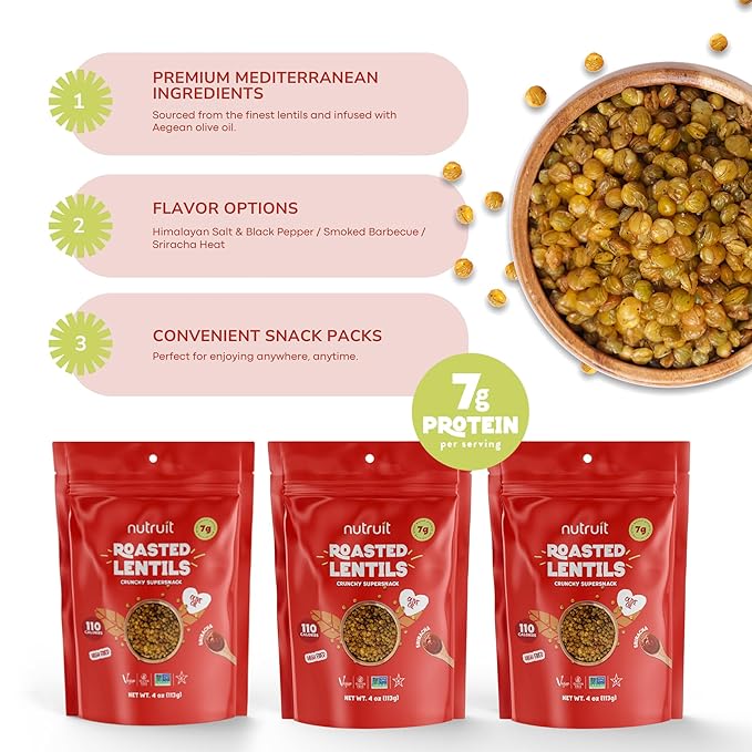 Nutruit Roasted Lentil Snacks - Tasty Snack Box with Vegan, Gluten Free, Non-GMO, High Protein, Low Calorie, Healthy On-The-Go Low Calorie Lentils Snacks - 4oz Packs (8-Pack Box) (8 Pack, Sriracha)