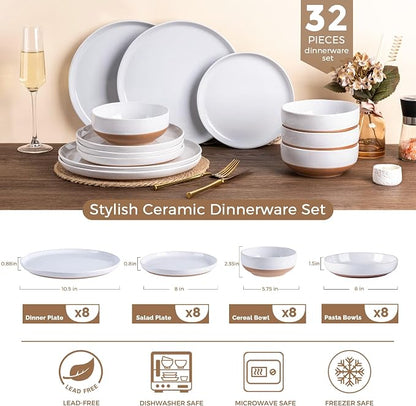 AmorArc Ceramic Dinnerware Sets with Pasta Bowls for 8, Handpainted Plates and Bowls Set with Rustic Terracotta Underside, Scratch Resistant Dishes Set, Dishwasher & Microwave Safe, 32 Pcs