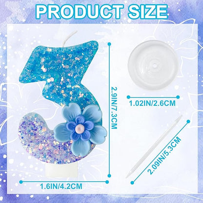 Blue Purple Flower Birthday Number Candles, Flower Theme Party Decorations, Cupcake Decorations, Suitable for Party Celebrations, Boys and Girls Birthday Decorations（3）