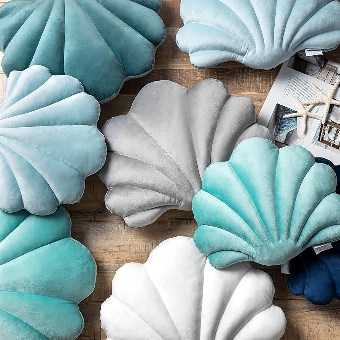 Ashler 3D Throw Pillows Shell Shaped Accent Throw Pillow, Soft Velvet Insert Included Cushion for Couch Bed Living Room, Pack of 1, Light Blue, 18 X 13 inches