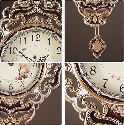 Aero Snail Retro Wall Clock with Pendulum, European Victoria Mid Century Style, Battery Operated Large Metal Silent Clock for Living Bedroom Wall Vintage Decor - Brown