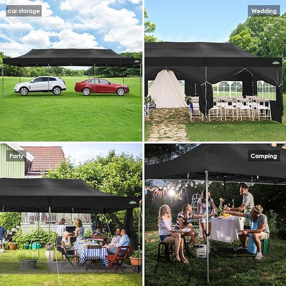 COBIZI 10x30 Heavy Duty Pop up Canopy with 8 sidewalls Party Tent for Parties Weddings Events UPF 50+ Waterproof Commercial Gazebo with Roller Bag, Black(Frame Thickened)