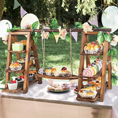 Wisreach Wooden 3 Tier Cupcake Stand with Swing and Flower Decoration Serving Removable Tray Display Serving Ladder Foldable Stand with Serving Platter Tray Party Food Display Set for Cake Snack Fruit Chips Bread Centerpieces Catering