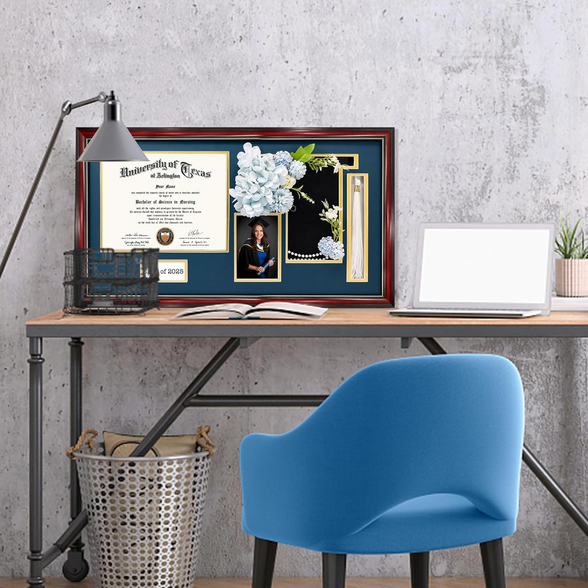 GraduationMall Class of 2025 Graduation Frame for 8.5x11 Diploma & 4x6 Photo with Graduation Cap & Tassel Holder, Cherry Wood Display Case with Navy Gold Mat