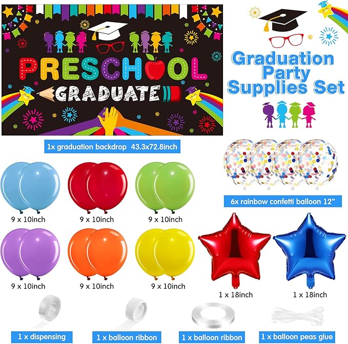 Oudain Kindergarten 2026 Graduation Party Decorations Kit Includes Preschool Graduation Backdrop and Balloon Garland for 2026 Pre Elementary Celebration Decoration Party Supplies(Black)