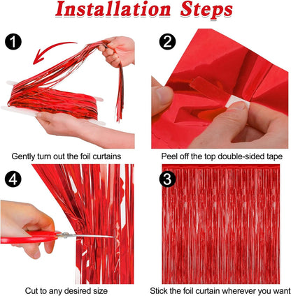 4 Pack Red Backdrop, 3.28 FT x 7.05 FT Party Streamer, Metallic Birthday Tinsel Backdrop Foil Fringe Curtains, Door Streamer for Red Party Decorations Casino Decor Photo Booth Props