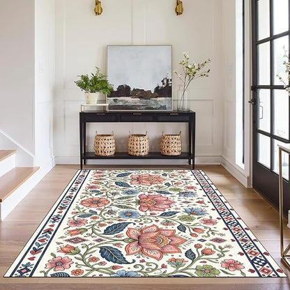 3'x5' Boho Floral Area Rug Vintage Colorful Botanical Carpet Non-Slip Washable Rugs for Entryway Bedroom Living Room Nursery Kitchen Playroom Home Decor