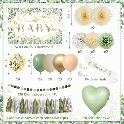 Sage Green Baby Shower Decorations, Oh Baby Neutral Gender Reveal Party Decor Kit With Backdrop, Balloons, Pom Poms, Tassels Garland, Mom To Be Sash & Circle Dots Garland For Baby Girls Boys
