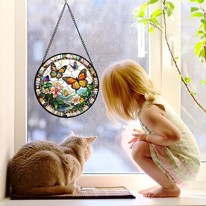 Stained Glass Window Hanging, Butterflies Flying in The Sky Suncatcher for Doors Home Sun Catchers Decoration and Christmas, Mother's Day Birthday Gifts for Women, Men, and Mom 6.3 in