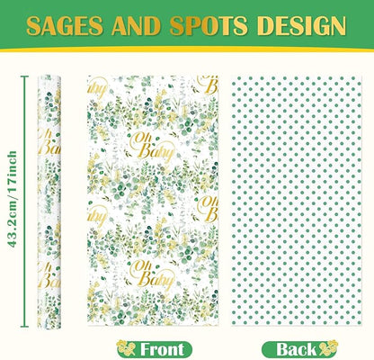 WERNNSAI Green Sage Wrapping Paper - 1 Roll 17”x 33 ft Baby Shower Wrapping Paper Green Flower Gift Packing Supply Wedding Bridal Shower Wrap Decor Favor for Baby Girls Birthday Festival Party