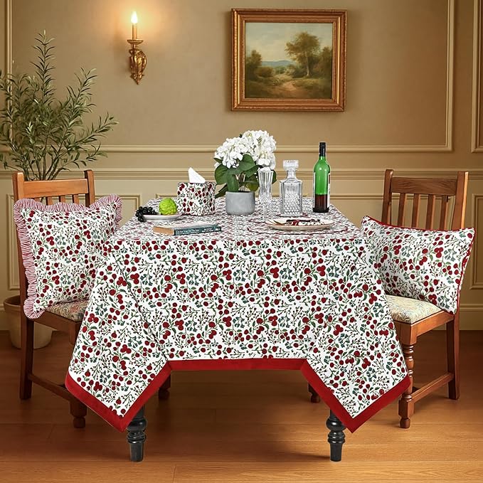 Ridhi Hand Block Print Garnet Red Rectangle Cotton Tablecloth 108" x 70" Reusable Table Cover Decorative Everyday Use for Dining, Farmhouse, Home Gift for Spring, Easter, Valentine