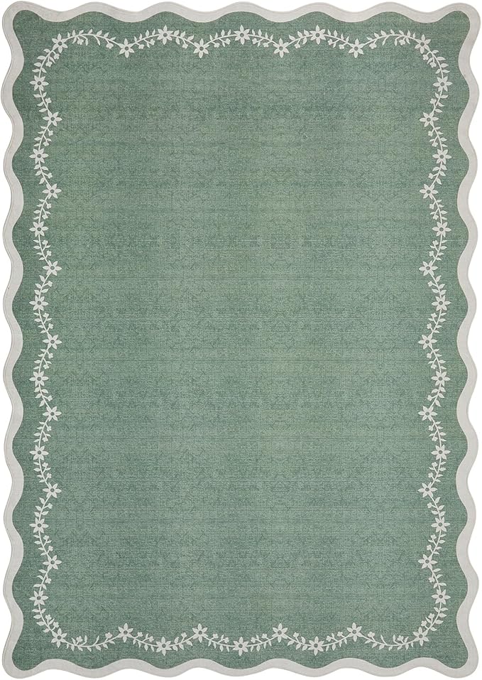 GarveeHome Scalloped Area Rugs 8x10 for Living Room, Sage Green Large Washable Rug Soft Non Slip Backing Floor Mat Carpet Indoor Thin Rug for Bedroom Dining Room Playroom Nursery Home Decor