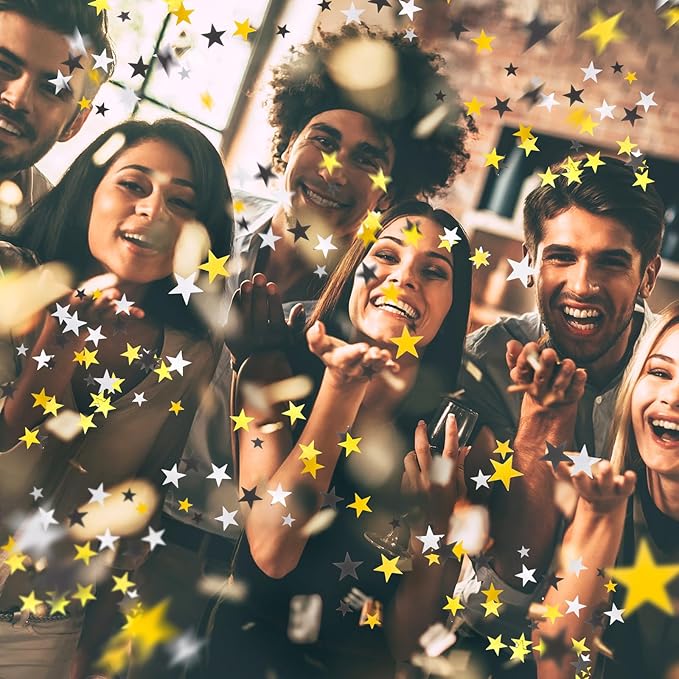 Hestya Star Confetti Glitter Table Confetti Metallic Foil Stars for Graduation Wedding Birthday Party Decorations(Silver Gold Black,10mm and 6mm,60g)