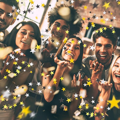 Hestya Star Confetti Glitter Table Confetti Metallic Foil Stars for Graduation Wedding Birthday Party Decorations(Silver Gold Black,10mm and 6mm,60g)