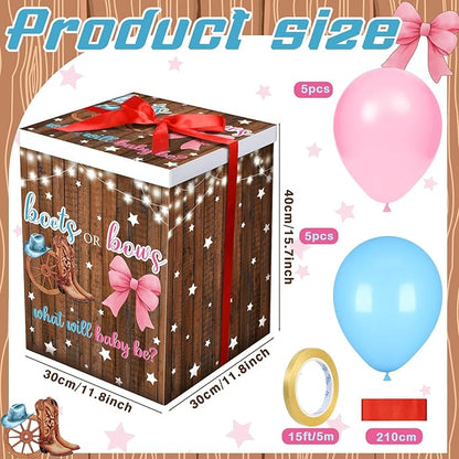 Hungdao Gender Reveal Balloon Box with Ribbon and 10 Pink and Blue Balloons Gender Reveal Games He or She Open to See for Party Decoration 12"x12"x16"(Boots and Bow)
