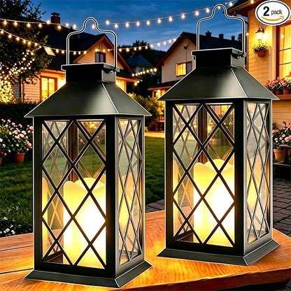 2 Pack 14" Large Tempered Glass Solar Lanterns Outdoor Waterproof, Hanging Solar Lights with Flickering Flameless Candles, Solar Lantern for Wall Porch Patio Table Garden Decoration (Black)